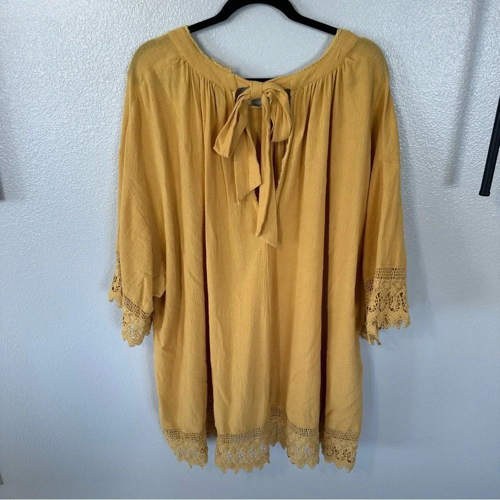 Free People Golden Yellow Oversized Crochet Trim Tie Back Tunic Dress, Large
